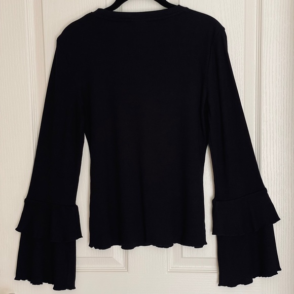 Who What Wear Ribbed Knit Long Tiered Double Bell Sleeve Top | Black | M - Picture 3 of 8